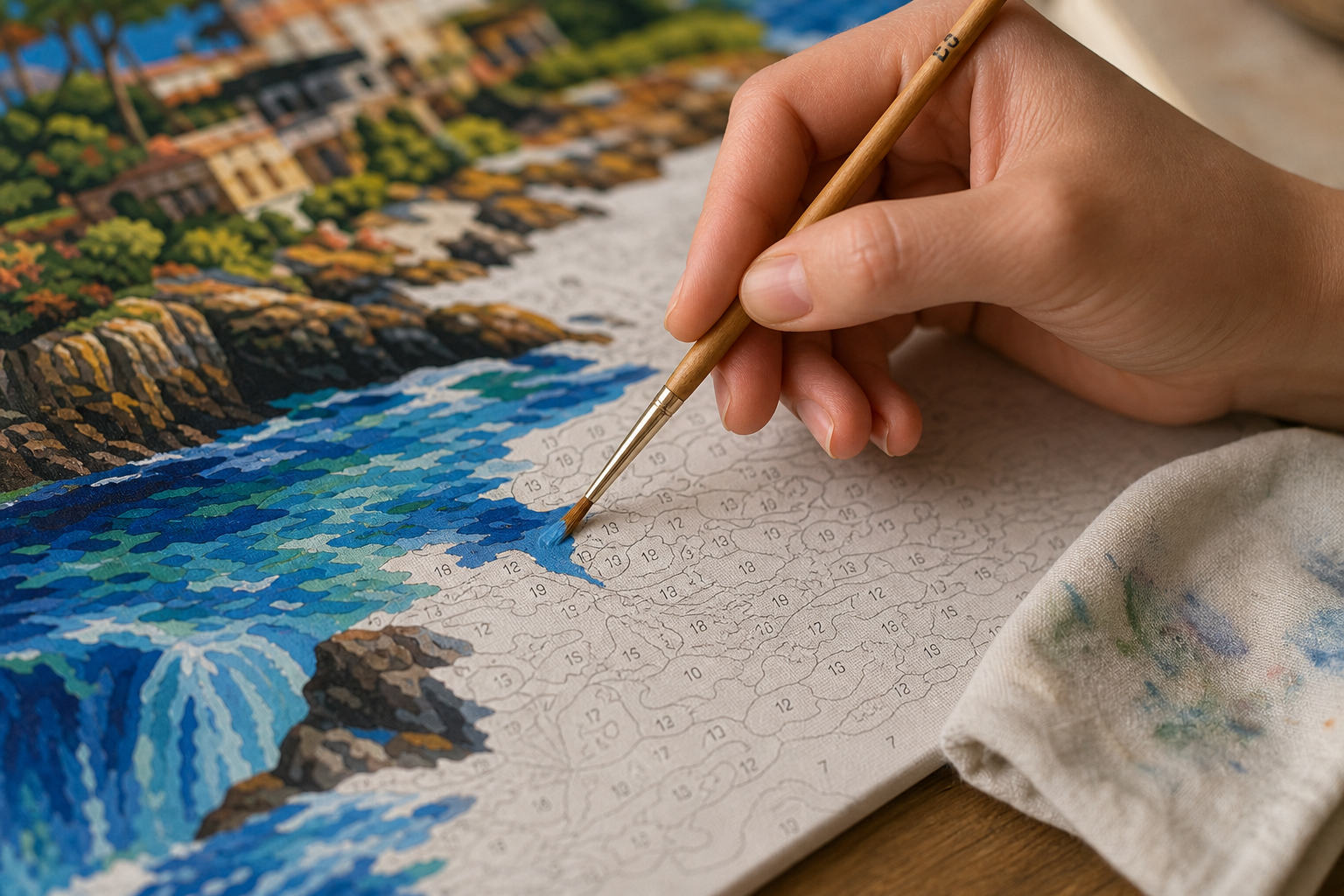Hand painting a numbered section on a paint by numbers canvas with partially completed colorful artwork visible